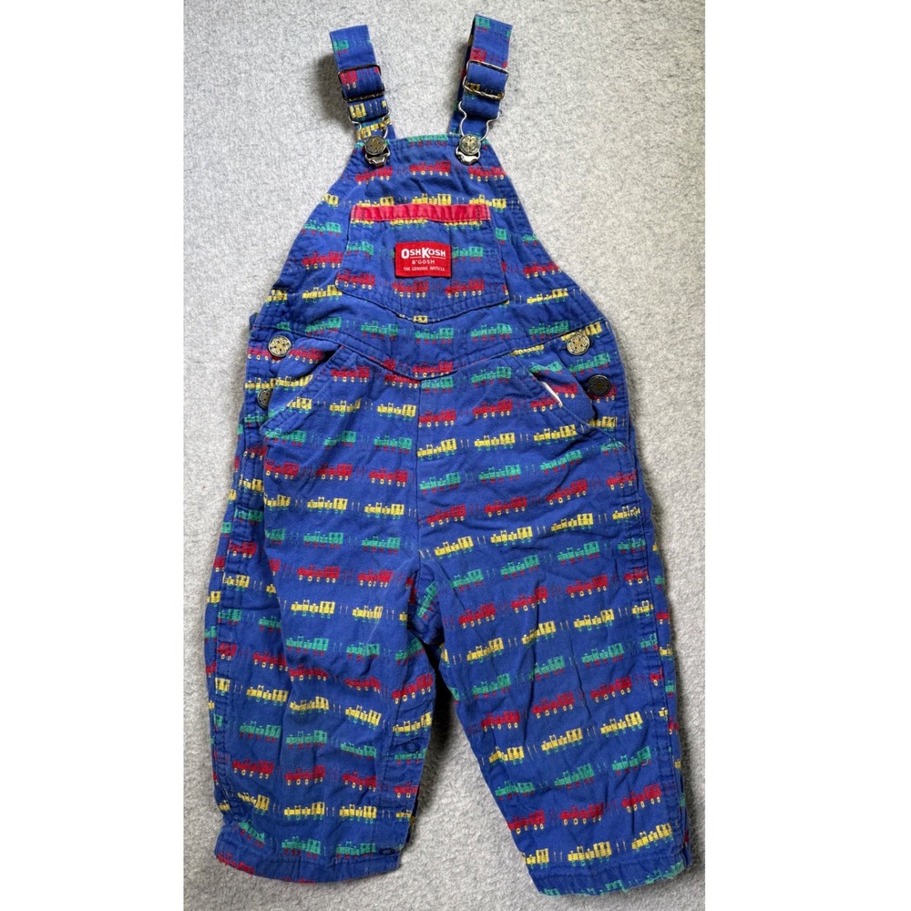 OshKosh B'Gosh Overalls Kids 24 Months Blue Train Print Vintage Vestbak Made USA